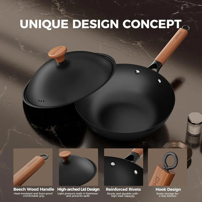 12 Inch Carbon Steel Wok Pan, 4QT Woks & Stir-Fry Pans Nonstick with Lid, No Seasoning Required & 0 Coating, Compatible with All Cooktops & Utensils for Stir Fry, Pan-Fry, Steam, Camping4