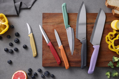 Classic 6 Piece Knife Set, Chef Santoku Utility Paring Serrated & Peeling Knives, Stainless Steel 15° Hollow-Ground Blades, Ergonomic Wheat Straw Handles12
