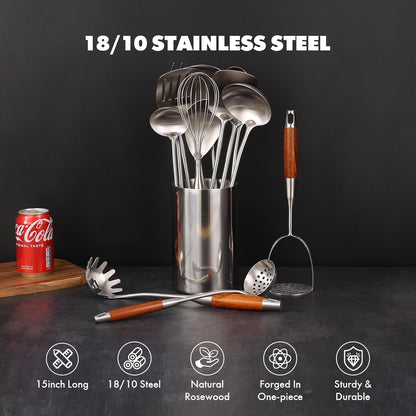 15” Metal Kitchen Utensils Set with Roosewood Handle - 18/10 Stainless Steel Cooking Utensils, 14 PCS Large & Small Spoons Set - Whisk, Masher, Fork, Spatula, Turner, Ladle, Skimmer, Pasta5