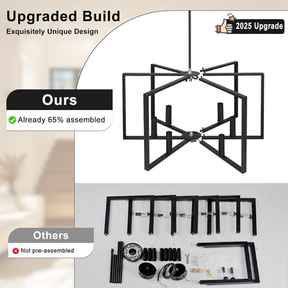 Black Farmhouse Chandelier, 6 Light Geometric Dining Room Light Fixture, Modern Industrial Metal Ceiling Light Rustic Hanging Pendant Lights with E12 Base for Kitchen Island Entryway Foyer, Indoor7