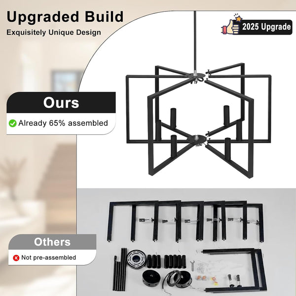 Black Farmhouse Chandelier, 6 Light Geometric Dining Room Light Fixture, Modern Industrial Metal Ceiling Light Rustic Hanging Pendant Lights with E12 Base for Kitchen Island Entryway Foyer, Indoor7