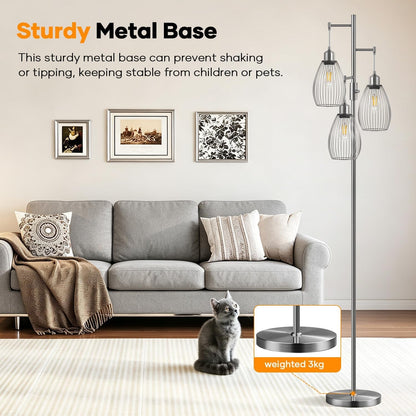 Dimmable Floor Lamp, 3 X 800LM LED Edison Bulbs Included, Industrial Floor Lamp Standing Tree Lamp with Elegant Teardrop Cage Heads Tall Lamps for Living Room Bedroom-Brushed Nickel6