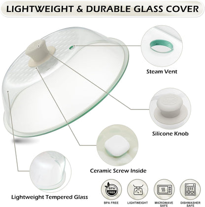 Lighter Weight Tempered Glass Microwave Splatter Cover - 11.5 Inch | Inner Diameter 10.6” - Heat-Resistant Durable Glass Lid with Vent, Silicone Knob, Dishwasher Safe, 100% Food Grade, BPA Free3