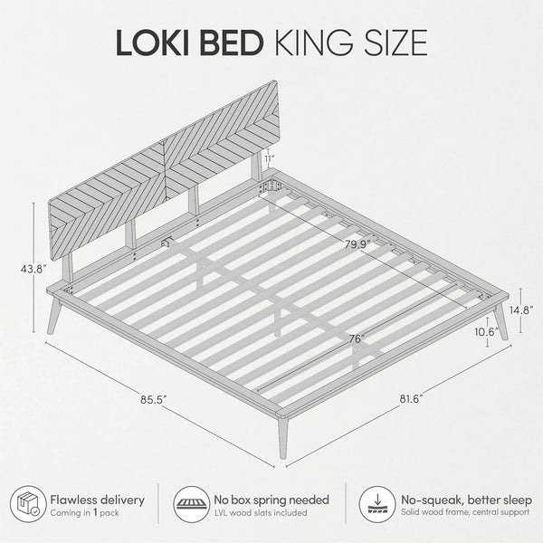 Loki Solid Wood Platform Bed King, Chevron Headboard, Light Oak2