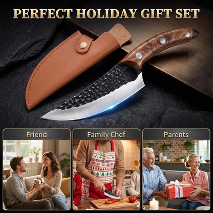 7" Chef Knife, Hand Forged Butcher Knives with Sheath, High Carbon Steel Japanese Knife Meat Cleaver Knife for Kitchen Meat Cutting, Viking Style Knives for Camping, Hunting, BBQ, Gifts for Men8