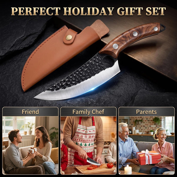 7" Chef Knife, Hand Forged Butcher Knives with Sheath, High Carbon Steel Japanese Knife Meat Cleaver Knife for Kitchen Meat Cutting, Viking Style Knives for Camping, Hunting, BBQ, Gifts for Men8
