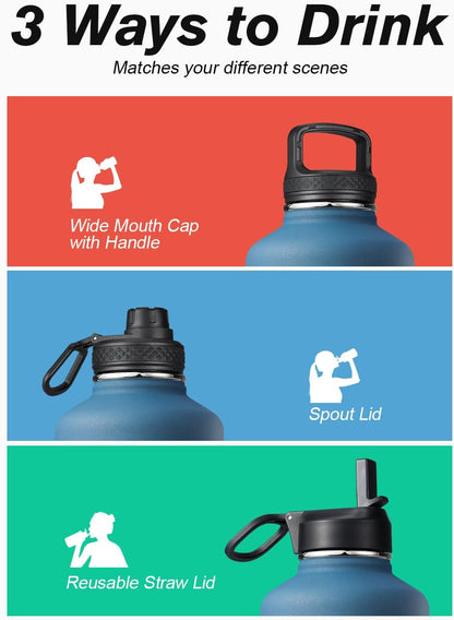 Half Gallon Water Bottle Insulated with Straw & 3 Leakproof Lids5