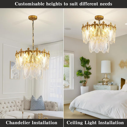 Antique Chandeliers 2-Layer Gold Crystal Glass Chandelier, 4-Light round Pendant Light 17.7" Brushed Brass Adjustable Height, Applicable to Dining Room, Bedroom, Living Room, Foyer, Kitchen Island6