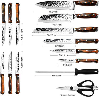 Kitchen Knife Set,15-Piece Knife Set with Block Wooden,Self Sharpening for Chef Knife Set,High Carbon Japan Stainless Steel Hammered Collection Knife Block Set with Steak Knives, Boxed Knife Set | Hammered Collection, Japan Stainless Steel, with 6Pcs Steak Knives2