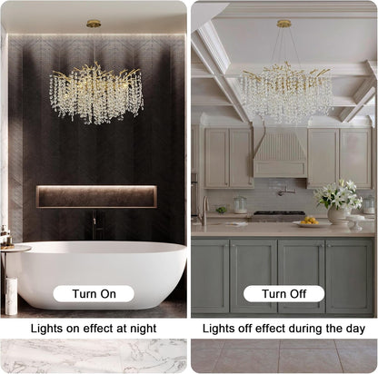Crystal Chandelier for Dining Room, D31.5 Gold Tree Branches Chandeliers, 10-Light Snowflakes round Modern Chandeliers for Living Room Kitchen Foyer Luxury Adjustable Hanging Chandelier5