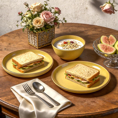 Homevss 20-Piece Dinnerware Set - Serves 4, Bright Glaze Yellow Plates and Bowls Sets with Speckle Effect for Microwave & Dishwasher Safe4