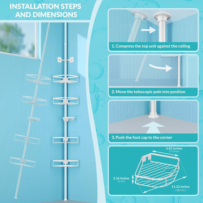 Shower Caddy Tension Pole, 4-Tier Adjustable Corner Shower Standing Caddy, Rustproof Shower Rack for Bathroom Bathtub, with 4 Shelves, No Drilling Shower Shelf for inside Shower (White)7