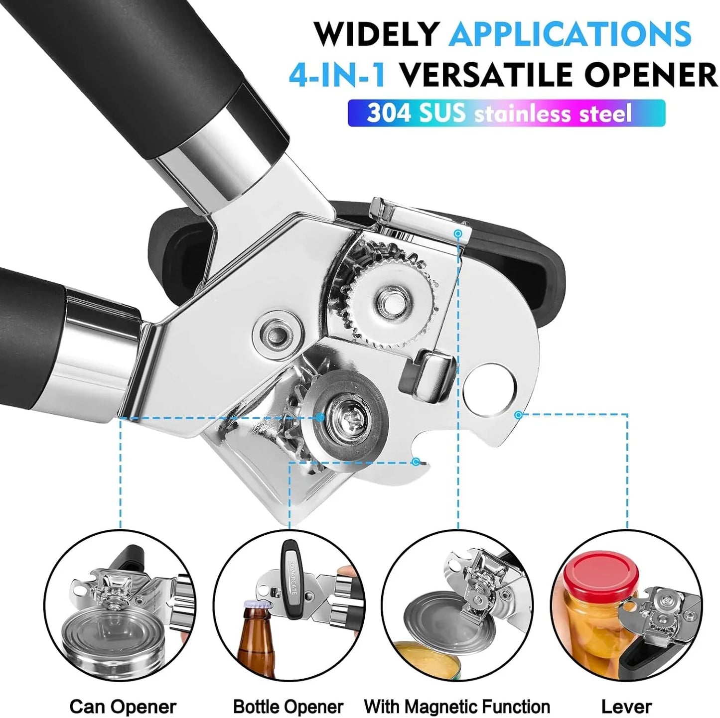 Ergonomic Manual Can Opener with Magnet Lift, Smooth Edge
