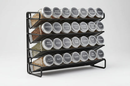 Black 4-tier spice rack organizer with 28 labeled glass spice jars, kitchen storage by Simmerly Home