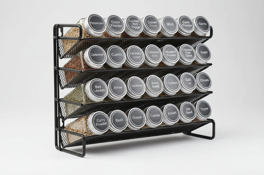 Black 4-tier spice rack organizer with 28 labeled glass spice jars, kitchen storage by Simmerly Home
