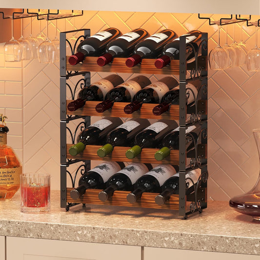 Wine rack with bottles on a countertop next to a glass of red wine and a bottle of whiskey.