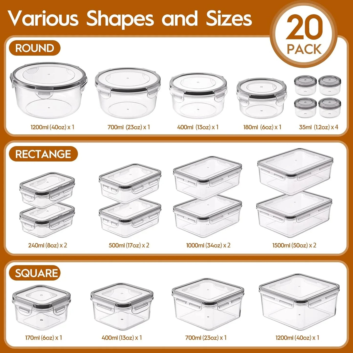 20 pack airtight plastic food storage containers set in round, rectangle, and square shapes with lids