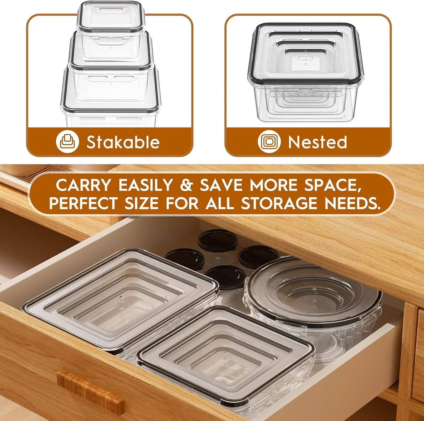 40-piece airtight BPA-free food storage containers set, stackable and nestable, organized in wooden drawer