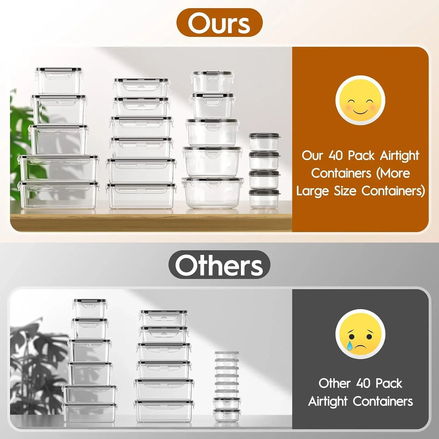 Comparison of 40-pack airtight food storage containers with more large sizes versus others with smaller containers