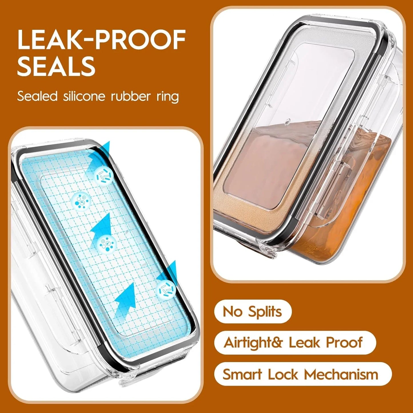 Clear airtight food storage container with leak-proof silicone seal and smart lock mechanism