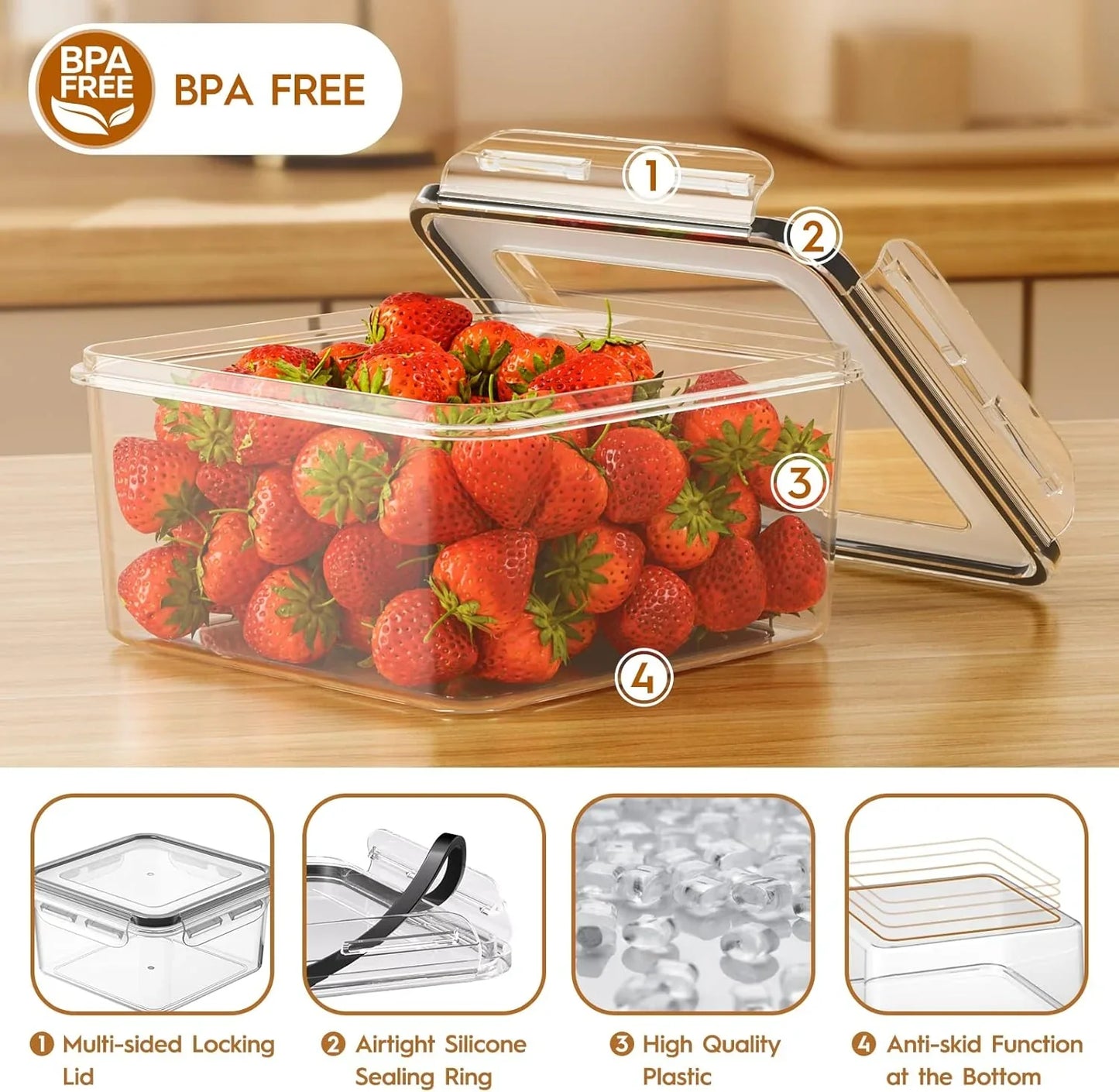 Clear airtight BPA-free food storage container with locking lid and silicone seal, filled with fresh strawberries