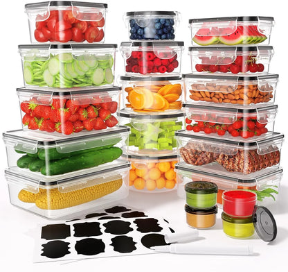 40-piece airtight BPA-free food storage containers set with lids holding fresh fruits and vegetables