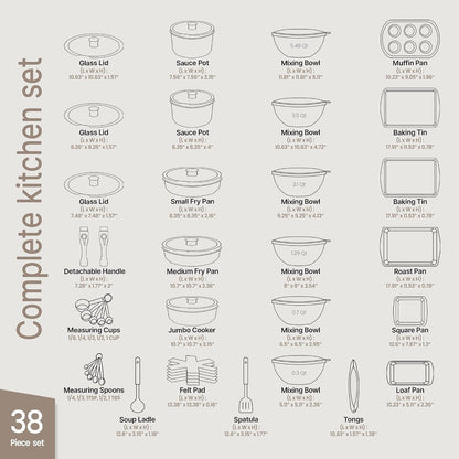 Bakken Master 38 Piece Granite Cookware and Bakeware Set – Nonstick Granite Coating, Pots and Pans with Detachable Handles and Tempered Glass Lids, 6-Piece Bakeware Set, 12-Piece Mixing Bowls,Brown2
