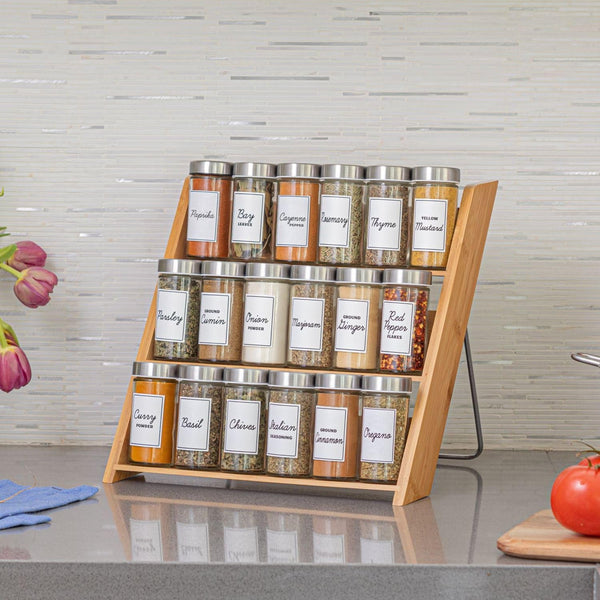 18 Jar Bamboo Compact Spice Rack with Spices Included & 5-Year Free Spice Refill Program for Countertop or Kitchen Drawer with Glass Jars4