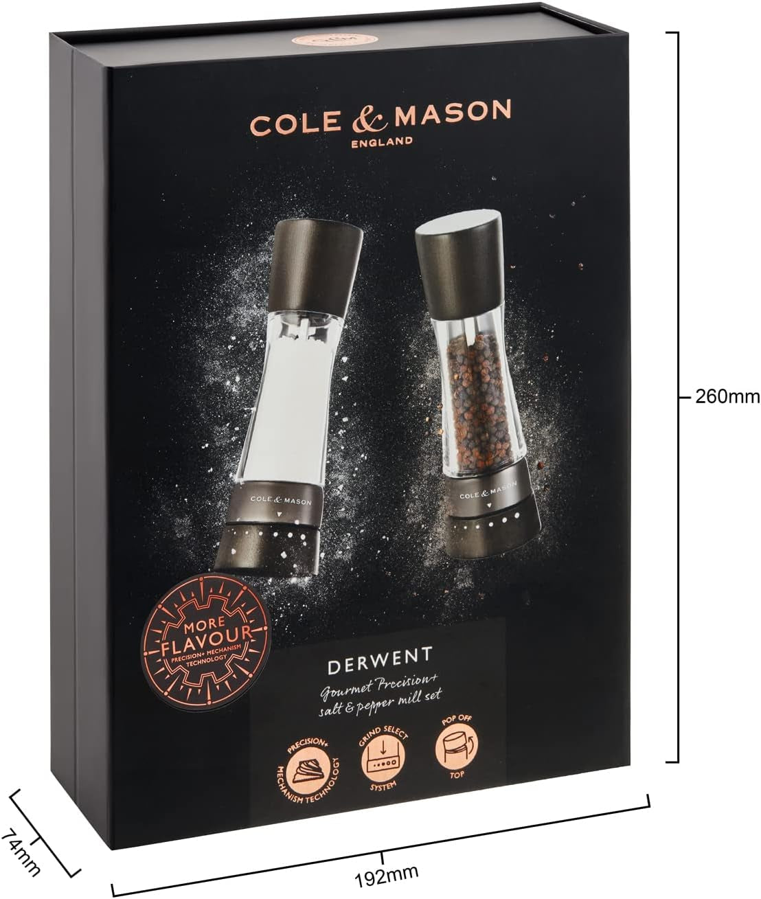 cole-mason-h332293-derwent-black-wood-salt-and-pepper-mills-gourmet-precision-adjustable-grind-stained-beech-acrylic-190-mm-gift-set-includes-1-salt-and-1-pepper-grinders-with-9-precise-grinding-levels-for-fine-or-coarse-granules-easy-to-refill-gourmet-precision-grinders-for-fresh-spices