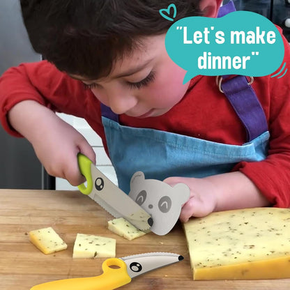 Kids Knife Set for Real Cooking with Educational Ring & Panda Finger Guard for Boys & Girls Cutting, Kids Chef Knife Stainless Steel Blade for Kitchen Cutting-Warm-Toned3