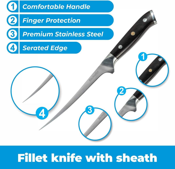 German Steel Fillet Knife 6 Inch - Meat Boning Knife, Professional Super Sharp Fish Knife Made of German Stainless Steel Boning Knife, W/Sheath (Ebony, 8")2