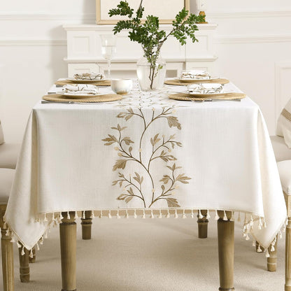 Cotton Linen Rectangle Tablecloth with Tassel for Dining Table, Burlap Heavy Duty Floral Farmhouse Coffee Kitchen Table Cloth Wrinkle Free Table Cover - Golden Flower, 55X79 Inch1