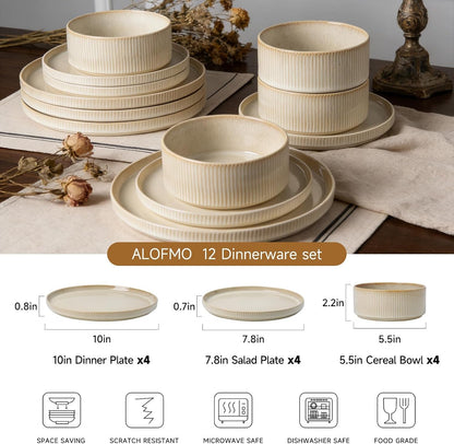 Stoneware Dinnerware Sets for 4, 12Pcs Ribbed Plates and Bowls Set, Beige3