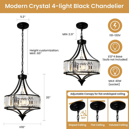 Black Crystal Chandelier Rustic Pendant Light Modern Farmhouse Chandeliers Antique Hanging Light Fixture for Living Room Bedroom Foyer Kitchen Island Entryway 16" W7