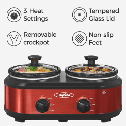 2 * 1.25 Quarts Dual Slow Cooker, Buffet Server & Warmer with 2 Removable Ceramic Pots, 3 Adjustable Temp Settings & 2 Visible Glass Lids, Stainless Steel, Red4
