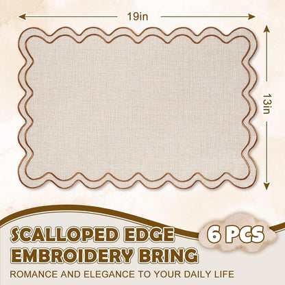 Beige Linen Placemats Embroidered Scalloped Kitchen Place Mats for Birthday Baby Shower Party Home Dining Table Decor, Set of 6, 13 X 19 In2
