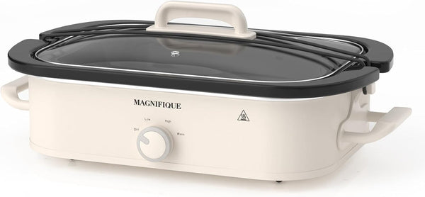 MAGNIFIQUE 4 Quart Slow Cooker with Ceramic Nonstick Baking Dish, Adjustable Temperature, Oven Safe for Lasagna & Roasts, Dishwasher Safe Stoneware & Tempered Glass Lid, Compact Crock Pot, Oatmeal1
