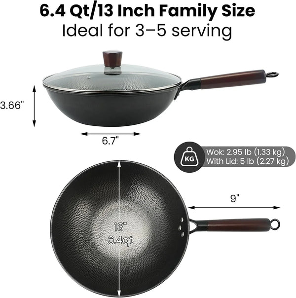 13 Inch Carbon Steel Wok with Lid, Large Flat Bottom Woks & Stir-Fry Pan | Large Chinese Wok Pan, 6.45QT, Nitrided Carbon Steel, No Chemical Coating, for All Stoves2