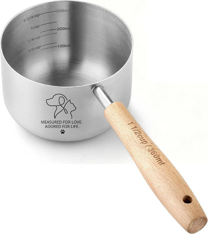 1.5 Cup Dog Cat Food Scoop,  Stainless Steel Dog Cat Food Measuring Cup with Long Wood Handle, Precise Graduated Markings (Stylish Pattern)1