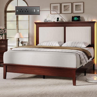 Queen Bed Frame with Headboard, Solid Wood Bed Frame Queen Size with Charging Station & RGB LED, Wood Slats Support, Noise-Free, Sturdy Structure, Easy Assembly, Mahogany12