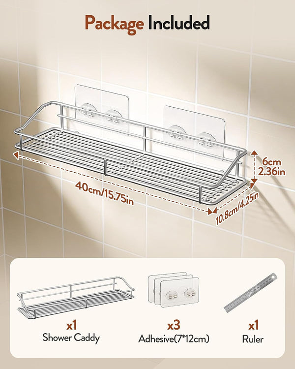 Bathroom Shelf Organizer Shower Caddy Storage Kitchen Rack with Traceless Transparent Adhesive No Drilling SUS304 Stainless Steel, 15.75 Inch, Silver7