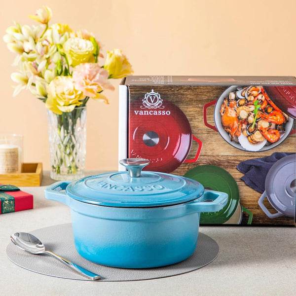 2.5 Qt Enameled Cast Iron Dutch Oven with Lid, Blue | Sourdough Bread Baking, Steaming, Braising, Non-Stick Enamel, Compact Design, Everyday Meals. Small Cast Iron Pot.6