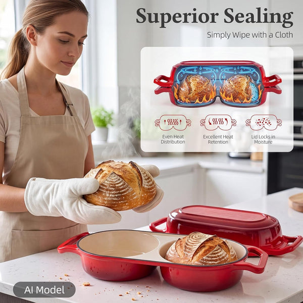 Mini Double Dutch Oven for Sourdough Bread Baking | Enameled Cast Iron, 500°F Oven Safe, 2.2QT Double round Loaf Pan for Homemade Baking, 15.5Cm Diameter, Red3