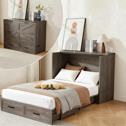 Murphy Bed, Full Farmhouse Cabinet with Charging & Storage, Rustic Grey1