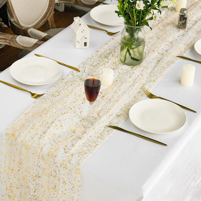 Beige Gold Gauze Table Runner 120 Inch 10FT, Glitter Metallic Foil Sheer Dining Wedding Anniversary Holiday Birthday Table Decor for Home Party4