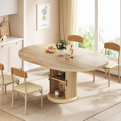 47″–63″ Extendable round Kitchen Dining Room Table for 4-6 with 2-Tier Storage Shelf Dust-Proof, Space Saving Expandable Wood Oval Circle Dinner Furniture with Pedestal Base (Natural Oka)8