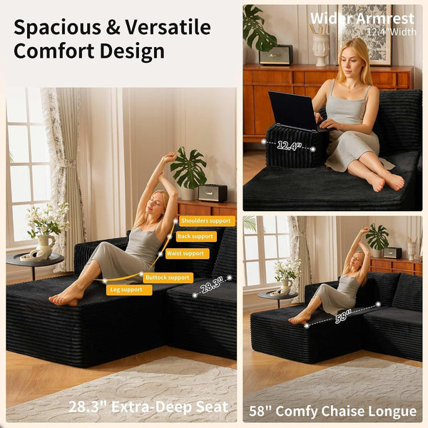 110” No Assembly Compression Boneless in a Box Cloud Sectional Couches for Living Room L-Shape Couch Sleeper Sofa, Modern Modular Corduroy Reclining Comfy Fluffy Memory Foam Furniture for Home Black6