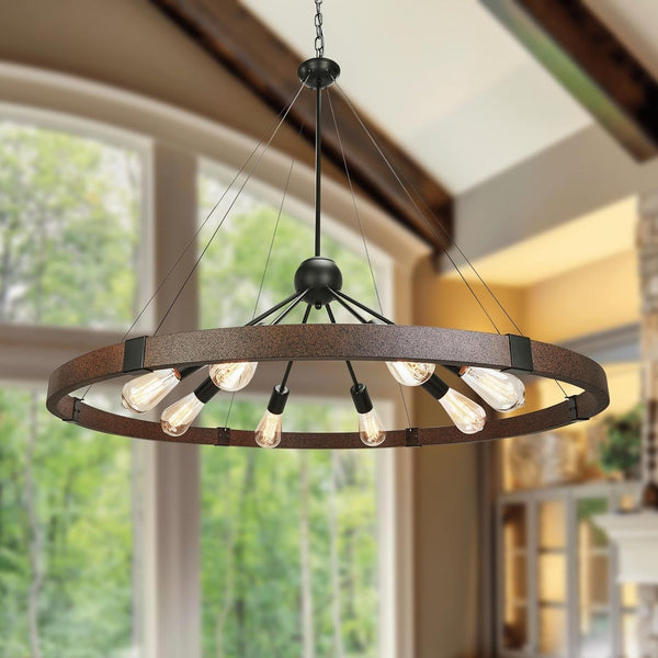 38.2'' Large Farmhouse Wagon Wheel Chandelier for Living Room, 8-Light Rustic round Metal Light Fixtures for Dining Room Entryway Kitchen Island, Vintage Rust and Black Finishes1
