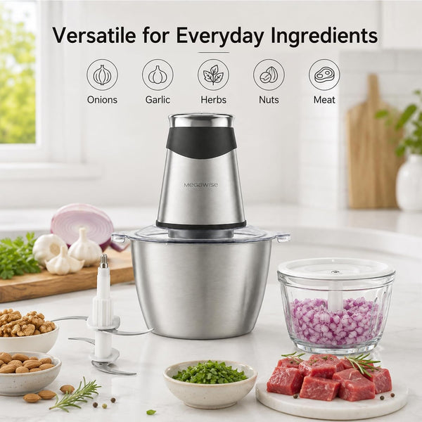 Food Processor, 800W Electric Meat Grinder with 0.6L Glass Bowl & 1.2L Stainless Steel Bowl, Dual Speed Modes and Bi-Level Bladesblades for Meat, Vegetables, Nuts, Fruits, and Baby Food6