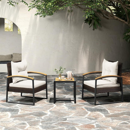 3 Piece Patio Conversation Set, Includes 2 Rattan Chairs and Coffee Table, Solid Acacia Wood Armrests & Tabletop, Outdoor Cushioned Wicker Furniture Set for Backyard, Poolside, Lawn, Garden4